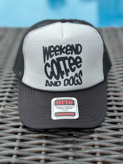 Weekend Coffee and Dogs Black and White Trucker Hat