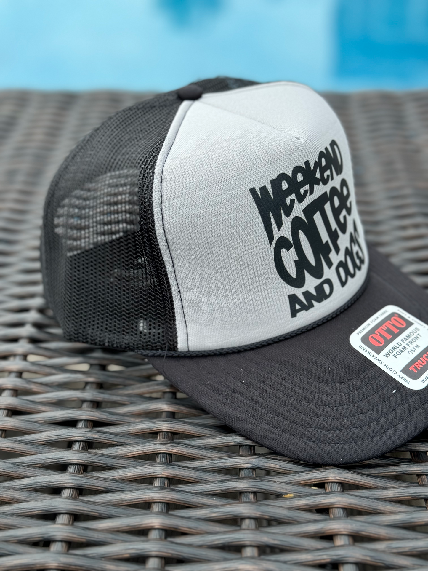 Weekend Coffee and Dogs Black and White Trucker Hat