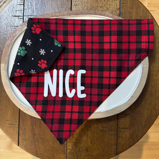 Green and Red Paws and Red and Black Plaid Naughty or Nice Bandana