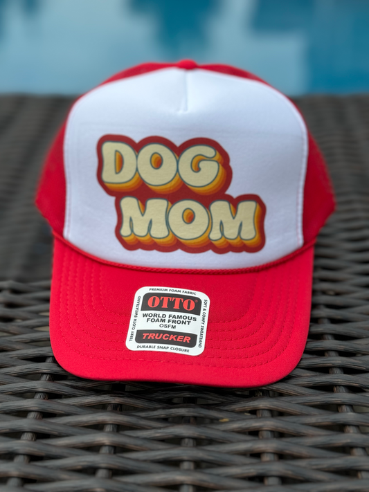 Retro Dog Mom Red and White Trucker Hat